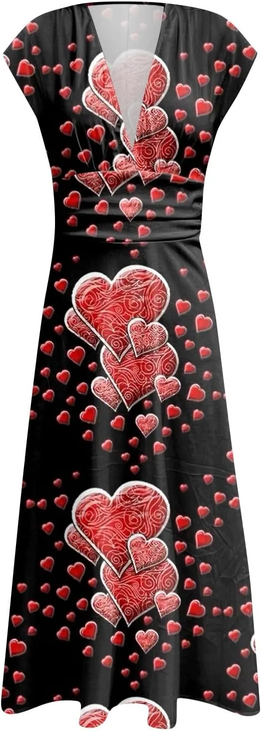 Women's Long Casual Dress Spring Summer Short Sleeve V-Neck Waist Retraction Printed Dress Fashion