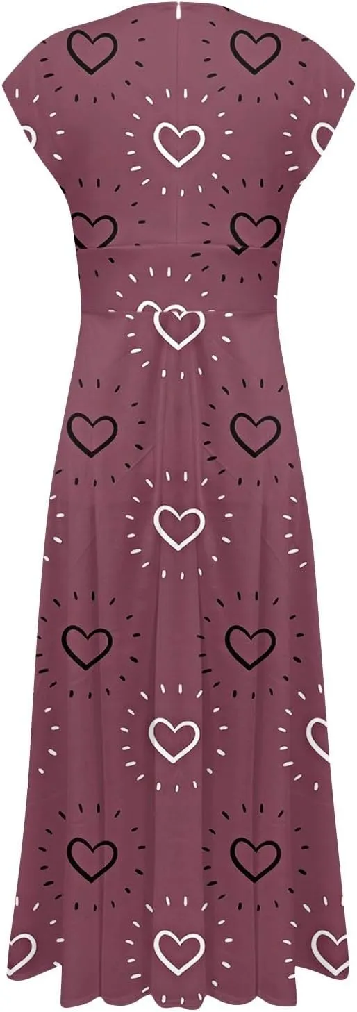 Women's Long Casual Dress Spring Summer Short Sleeve V-Neck Waist Retraction Printed Dress Fashion