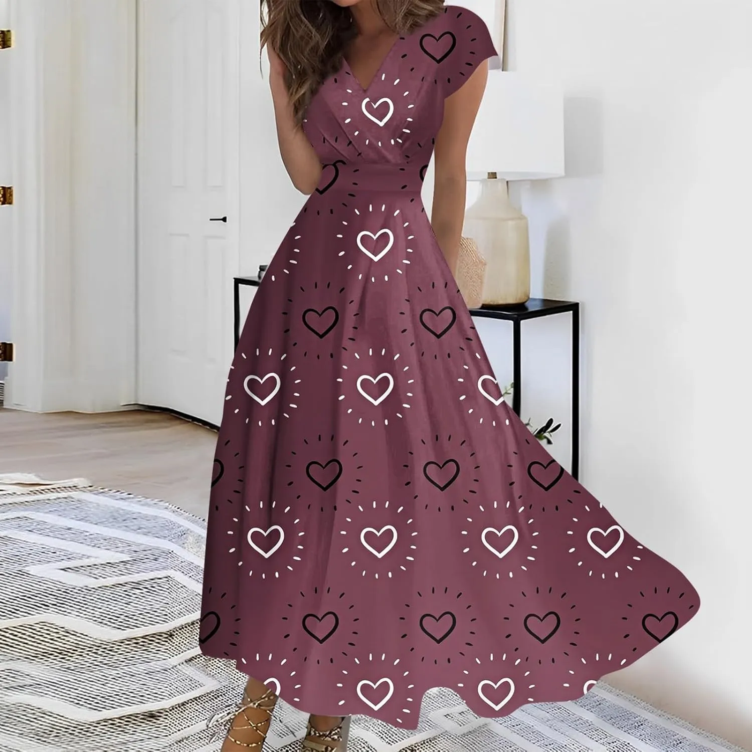 Women's Long Casual Dress Spring Summer Short Sleeve V-Neck Waist Retraction Printed Dress Fashion
