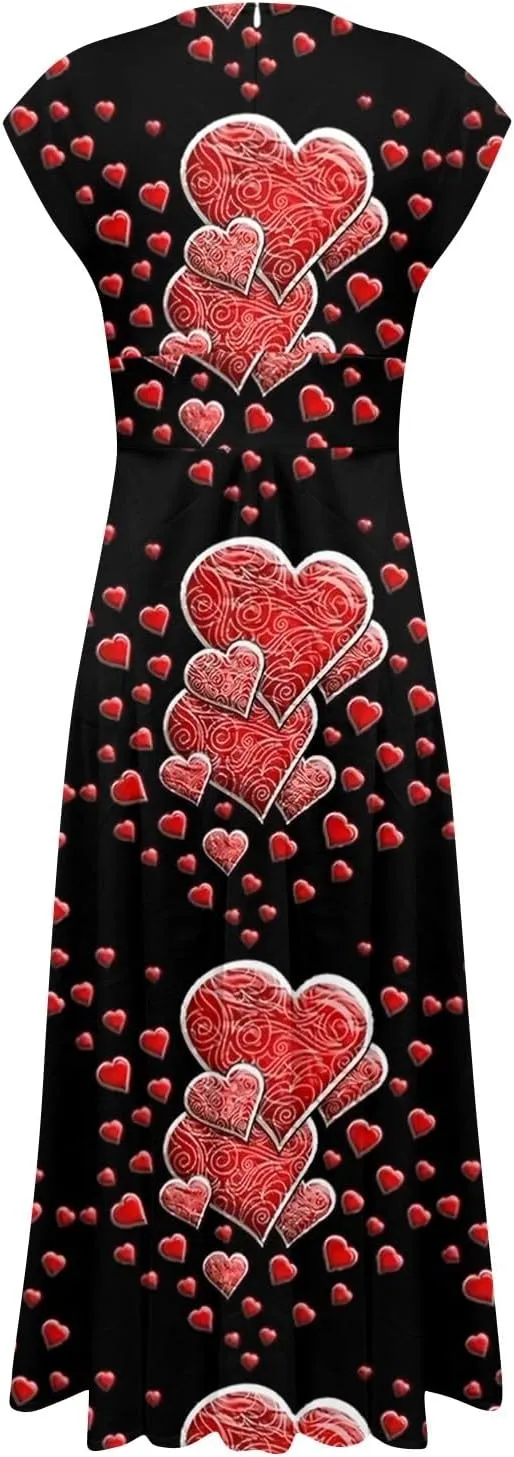 Women's Long Casual Dress Spring Summer Short Sleeve V-Neck Waist Retraction Printed Dress Fashion