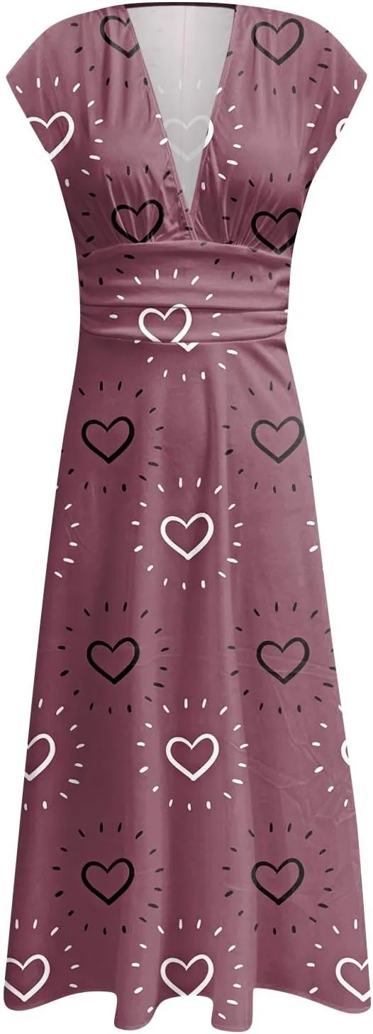 Women's Long Casual Dress Spring Summer Short Sleeve V-Neck Waist Retraction Printed Dress Fashion
