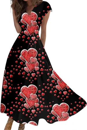 Women's Long Casual Dress Spring Summer Short Sleeve V-Neck Waist Retraction Printed Dress Fashion