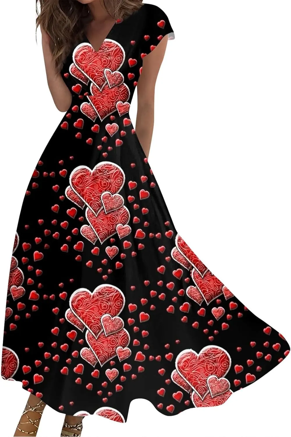 Women's Long Casual Dress Spring Summer Short Sleeve V-Neck Waist Retraction Printed Dress Fashion