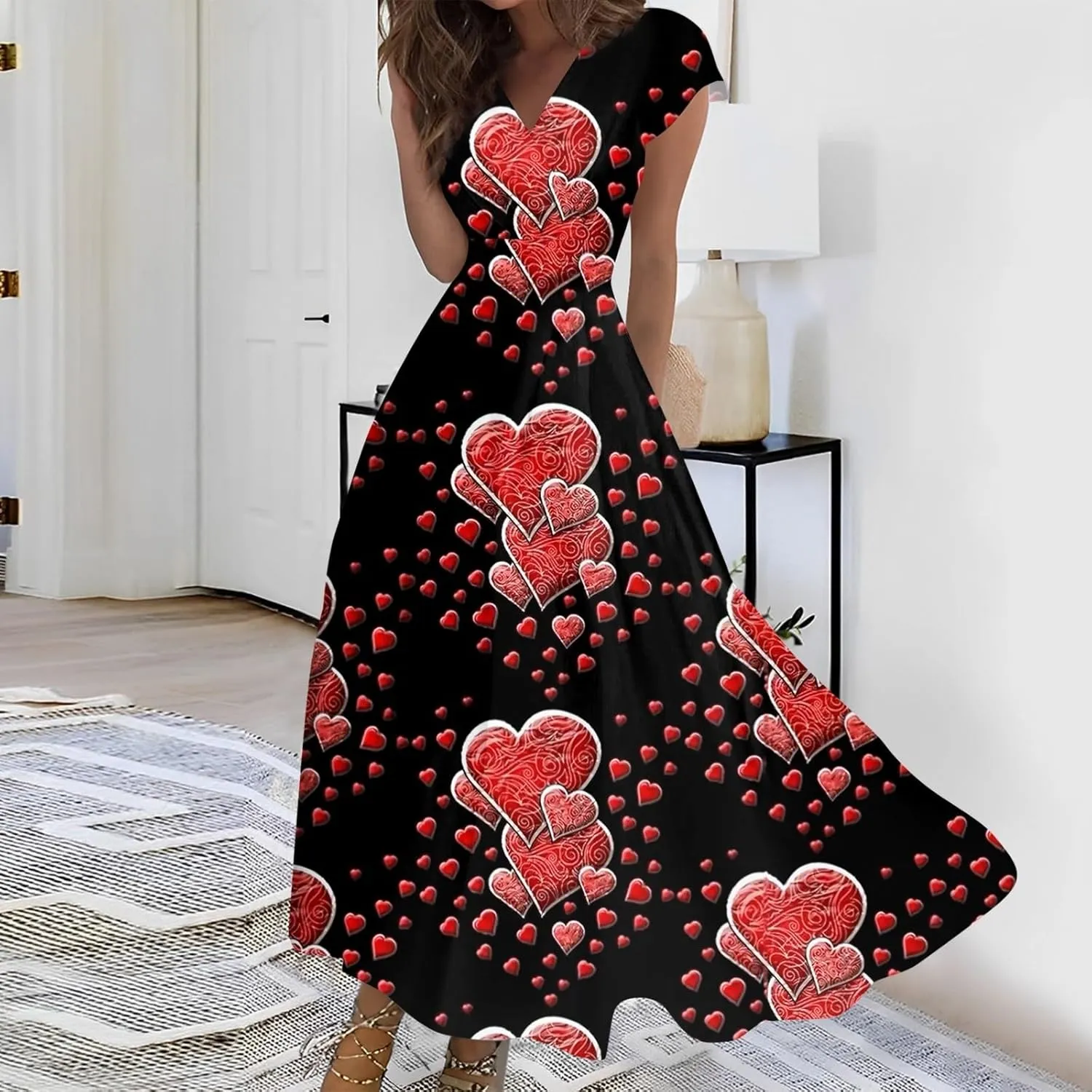 Women's Long Casual Dress Spring Summer Short Sleeve V-Neck Waist Retraction Printed Dress Fashion