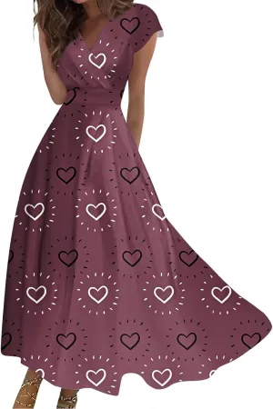 Women's Long Casual Dress Spring Summer Short Sleeve V-Neck Waist Retraction Printed Dress Fashion