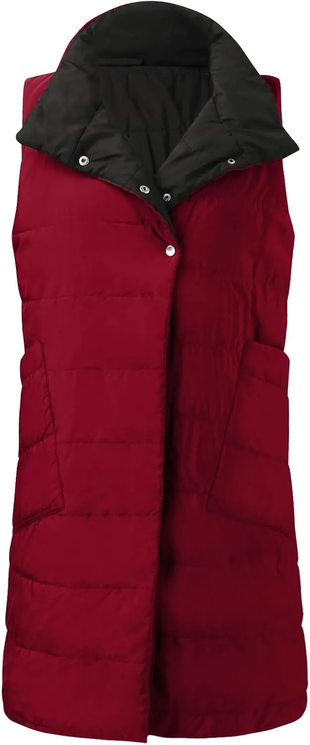 Women's Long Down Vest Lapel Button Down Padded Sleeveless Winter Vest Womens Winter Jacket 1x