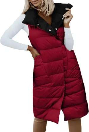 Women's Long Down Vest Lapel Button Down Padded Sleeveless Winter Vest Womens Winter Jacket 1x