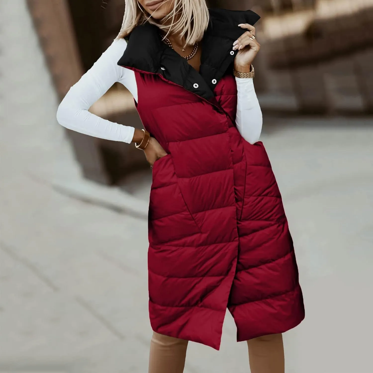 Women's Long Down Vest Lapel Button Down Padded Sleeveless Winter Vest Womens Winter Jacket 1x