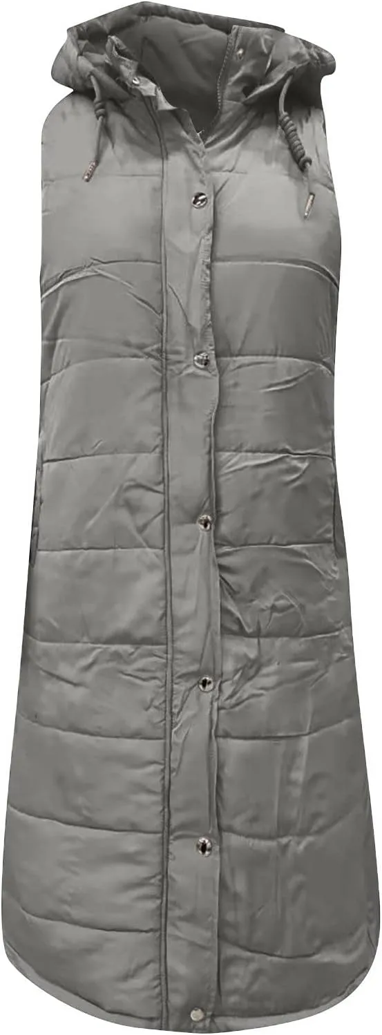 Womens Long Puffer Vest Hooded Sleeveless Down Jacket Fleece Puffy Padded Gilet Winter Full Zip Thick Quilted Coats