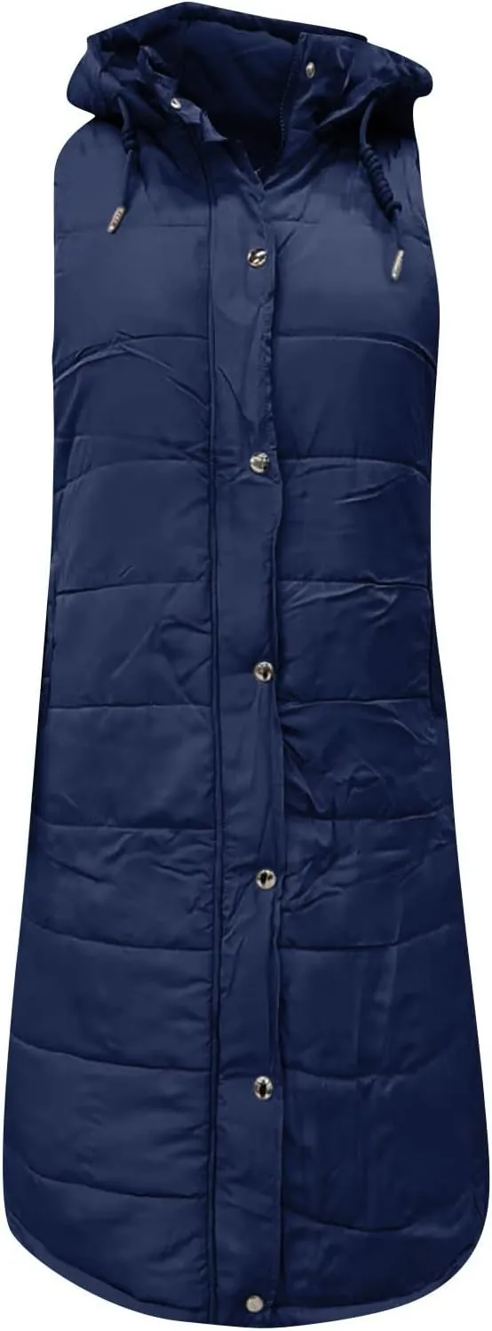 Womens Long Puffer Vest Hooded Sleeveless Down Jacket Fleece Puffy Padded Gilet Winter Full Zip Thick Quilted Coats
