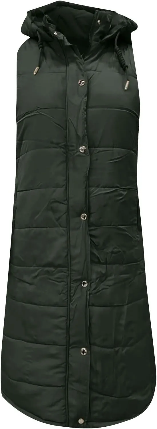 Womens Long Puffer Vest Hooded Sleeveless Down Jacket Fleece Puffy Padded Gilet Winter Full Zip Thick Quilted Coats