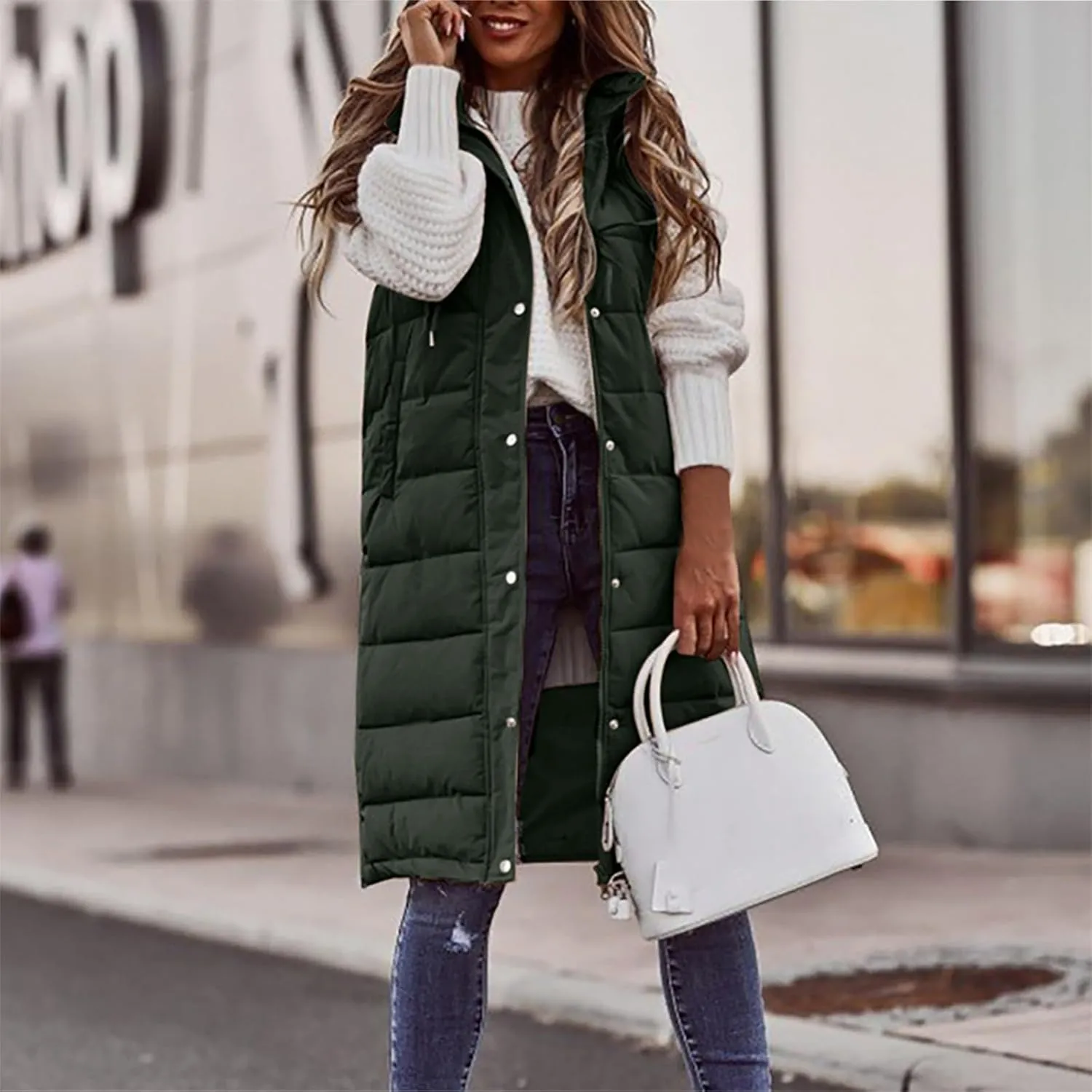 Womens Long Puffer Vest Hooded Sleeveless Down Jacket Fleece Puffy Padded Gilet Winter Full Zip Thick Quilted Coats