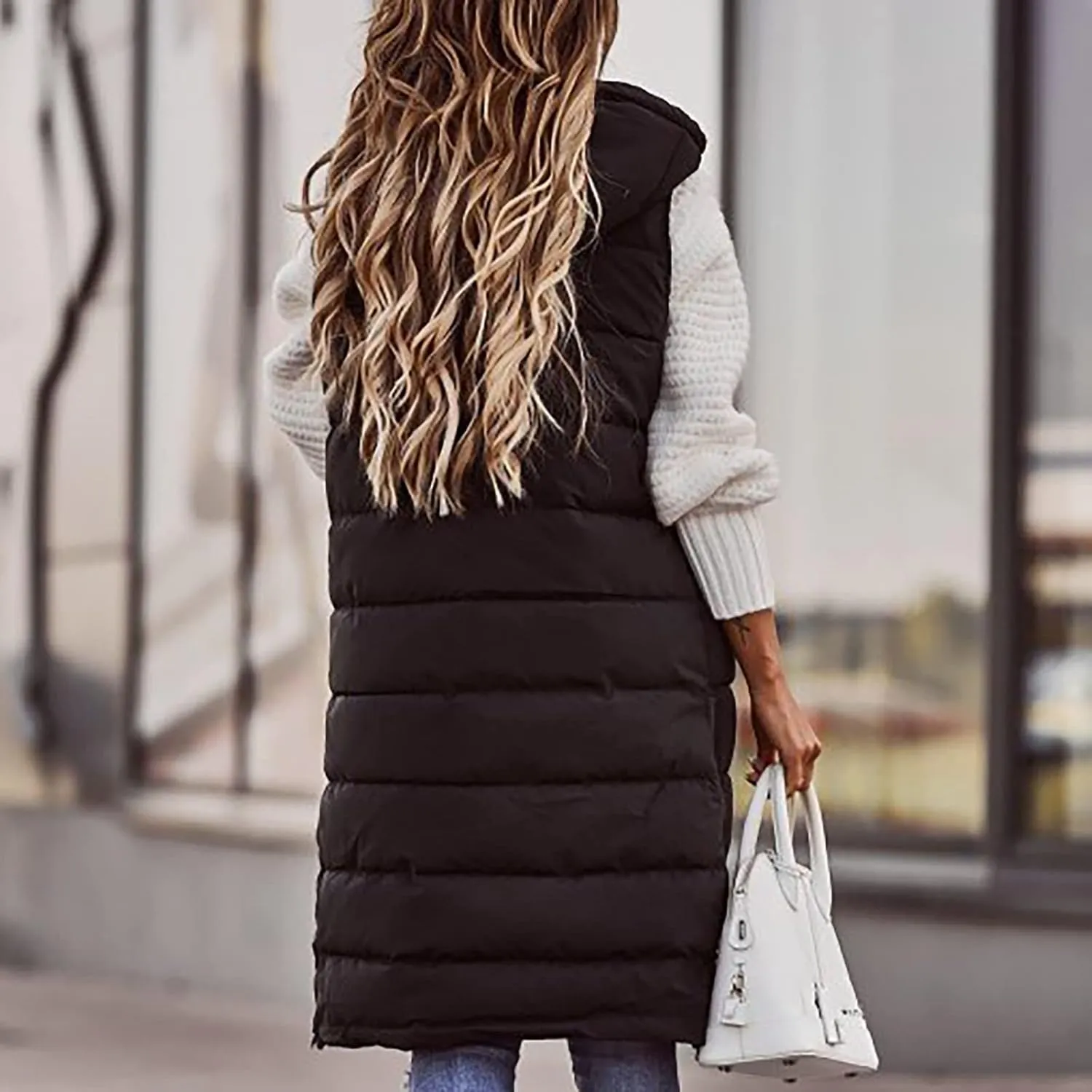 Womens Long Puffer Vest Hooded Sleeveless Down Jacket Fleece Puffy Padded Gilet Winter Full Zip Thick Quilted Coats