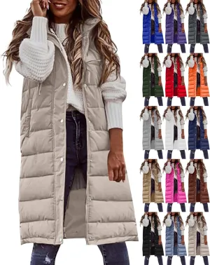 Womens Long Puffer Vest Hooded Sleeveless Down Jacket Fleece Puffy Padded Gilet Winter Full Zip Thick Quilted Coats