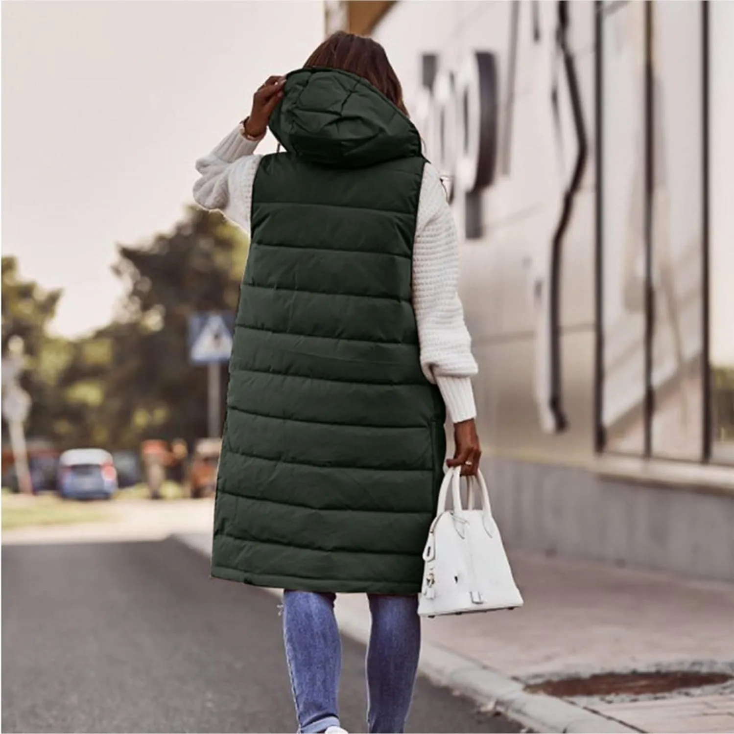 Womens Long Puffer Vest Hooded Sleeveless Down Jacket Fleece Puffy Padded Gilet Winter Full Zip Thick Quilted Coats