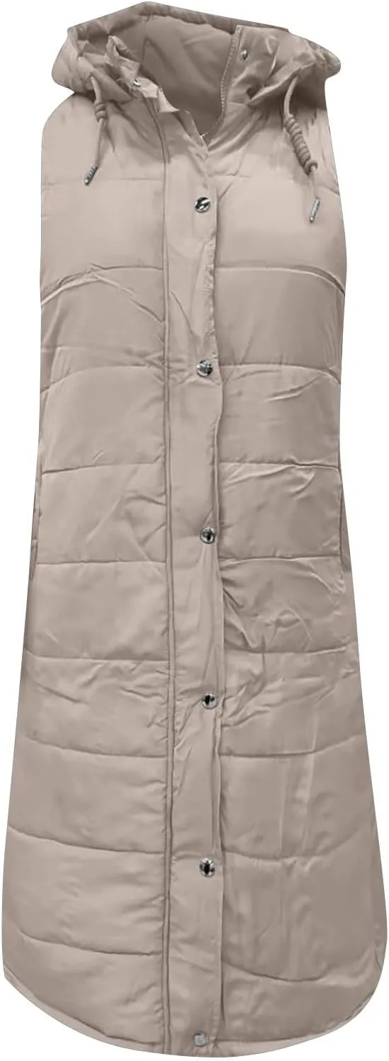 Womens Long Puffer Vest Hooded Sleeveless Down Jacket Fleece Puffy Padded Gilet Winter Full Zip Thick Quilted Coats