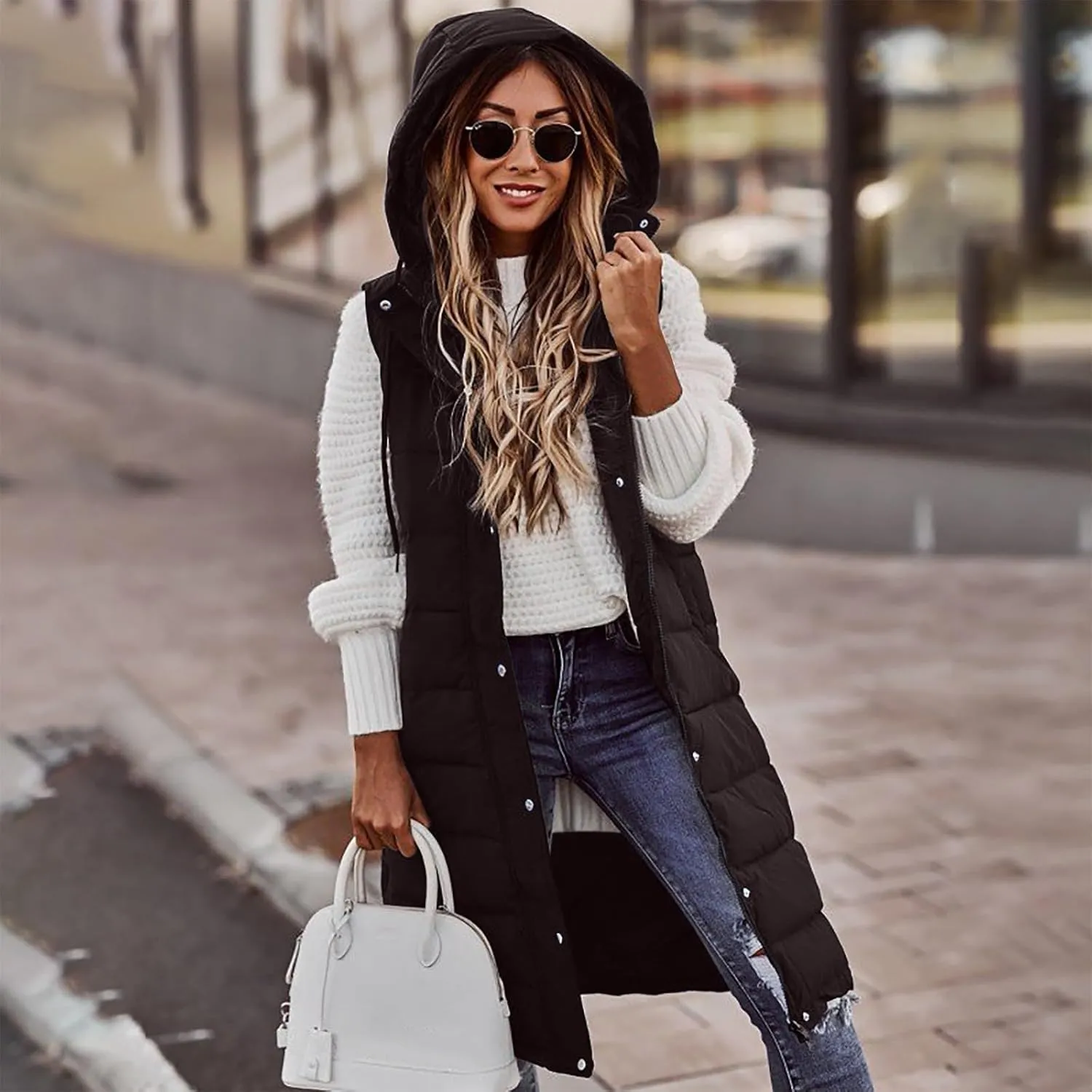 Womens Long Puffer Vest Hooded Sleeveless Down Jacket Fleece Puffy Padded Gilet Winter Full Zip Thick Quilted Coats