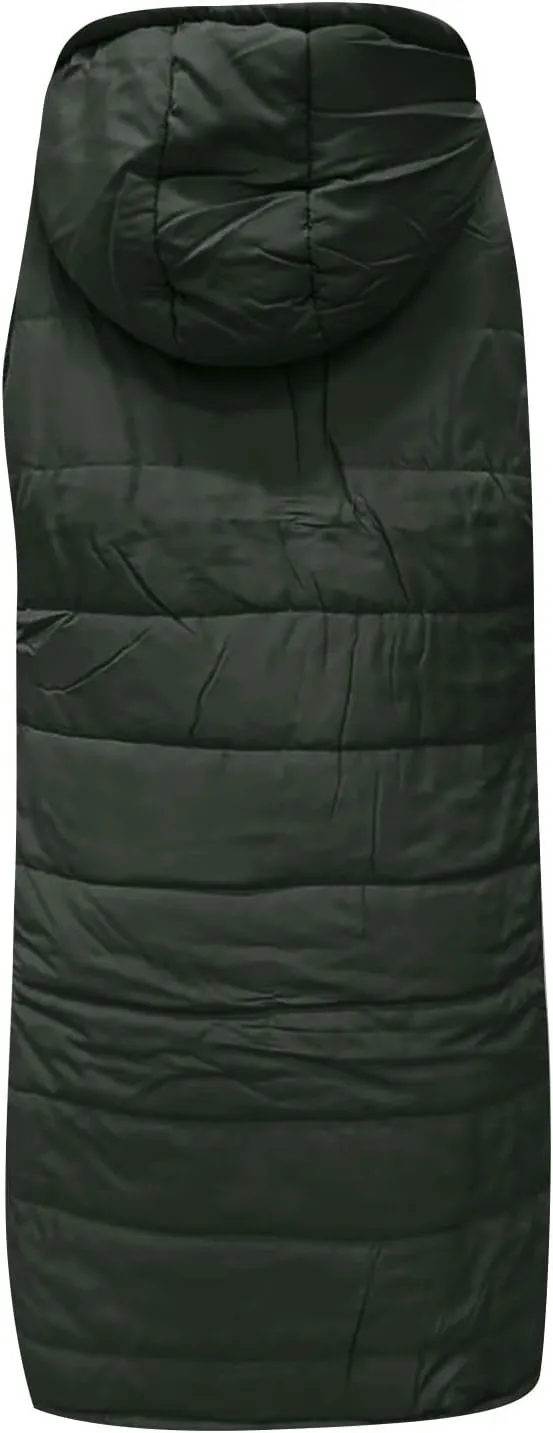 Womens Long Puffer Vest Hooded Sleeveless Down Jacket Fleece Puffy Padded Gilet Winter Full Zip Thick Quilted Coats