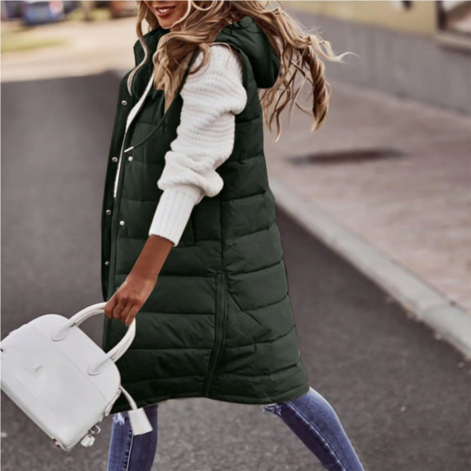 Womens Long Puffer Vest Hooded Sleeveless Down Jacket Fleece Puffy Padded Gilet Winter Full Zip Thick Quilted Coats