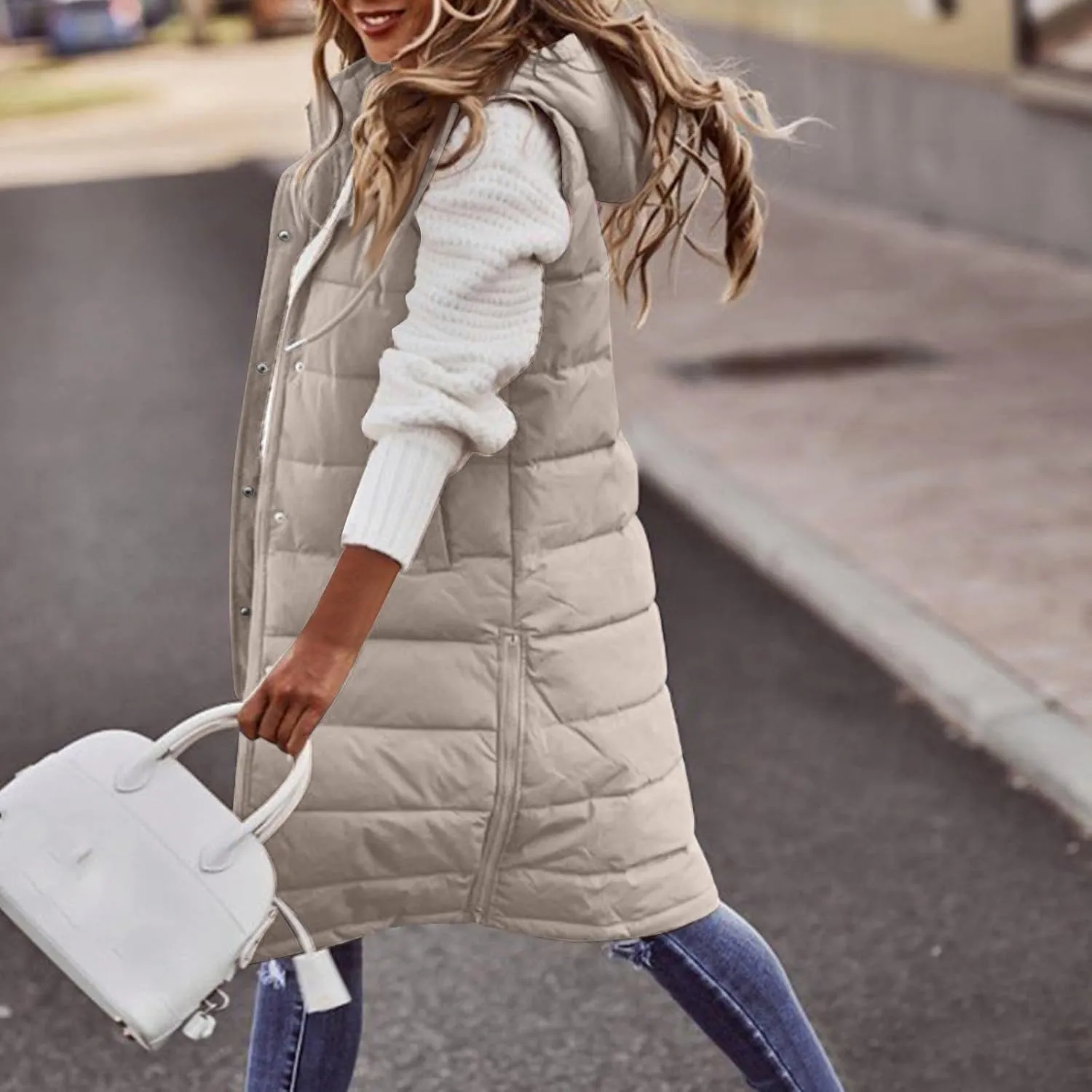 Womens Long Puffer Vest Hooded Sleeveless Down Jacket Fleece Puffy Padded Gilet Winter Full Zip Thick Quilted Coats