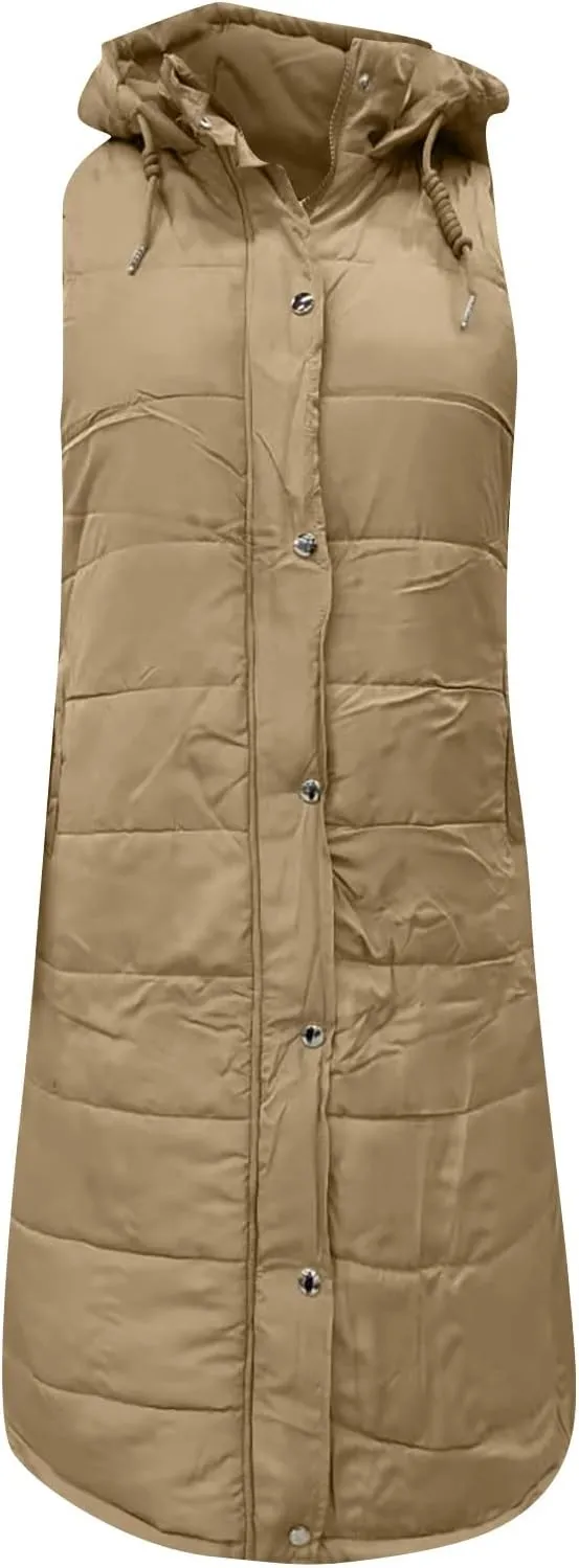 Womens Long Puffer Vest Hooded Sleeveless Down Jacket Fleece Puffy Padded Gilet Winter Full Zip Thick Quilted Coats