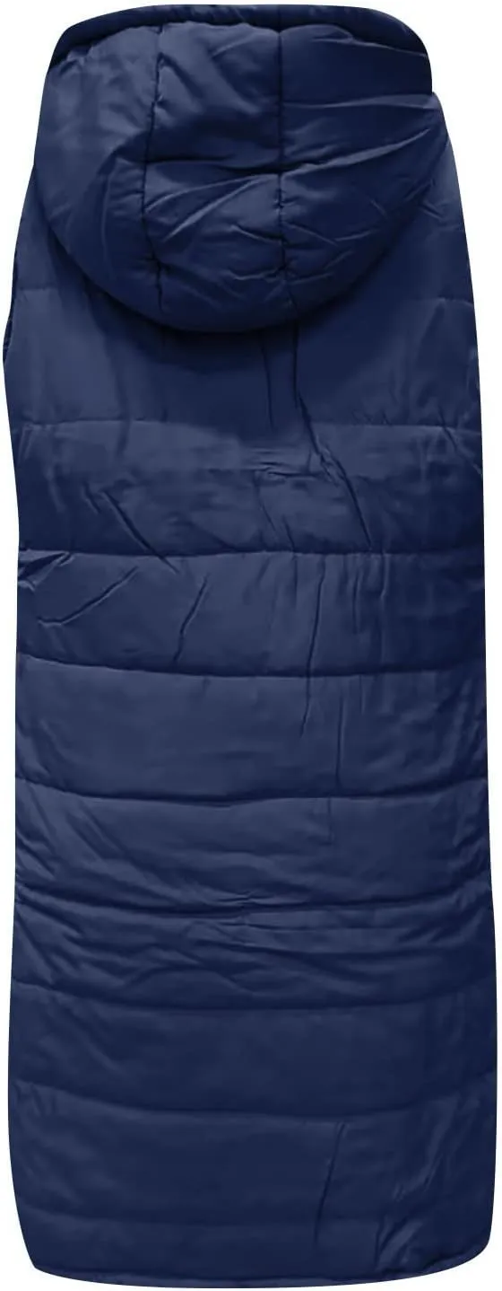 Womens Long Puffer Vest Hooded Sleeveless Down Jacket Fleece Puffy Padded Gilet Winter Full Zip Thick Quilted Coats