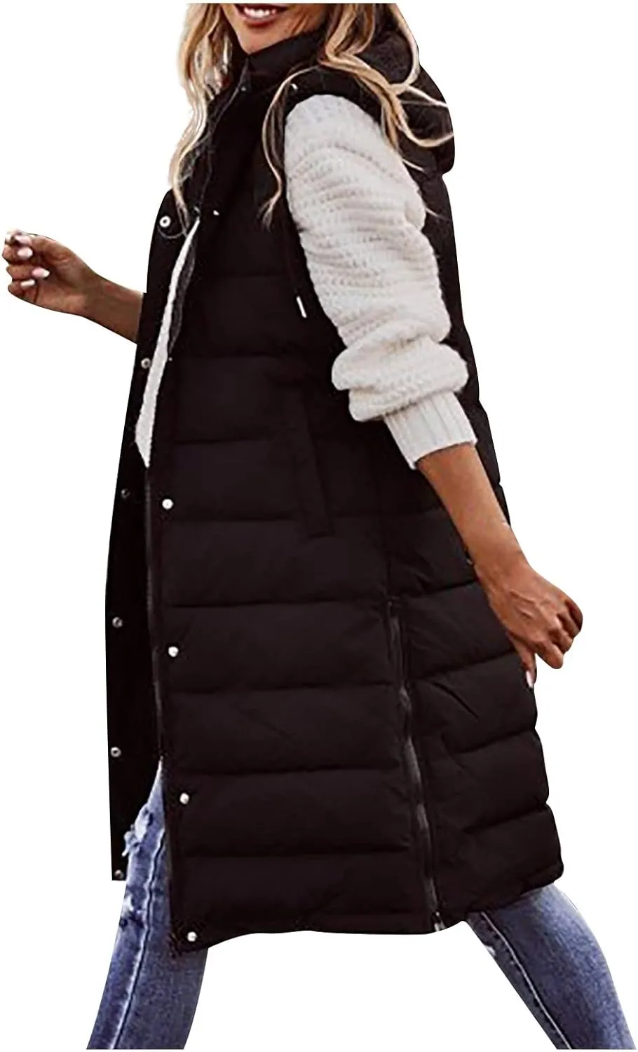 Womens Long Puffer Vest Hooded Sleeveless Down Jacket Fleece Puffy Padded Gilet Winter Full Zip Thick Quilted Coats