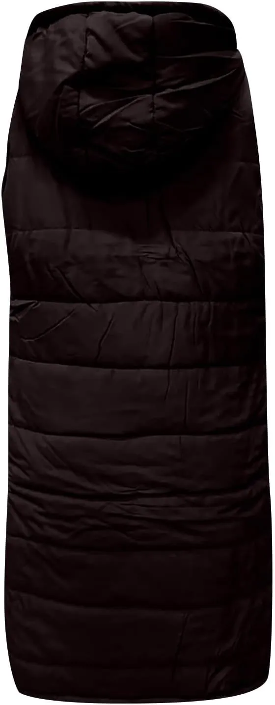 Womens Long Puffer Vest Hooded Sleeveless Down Jacket Fleece Puffy Padded Gilet Winter Full Zip Thick Quilted Coats