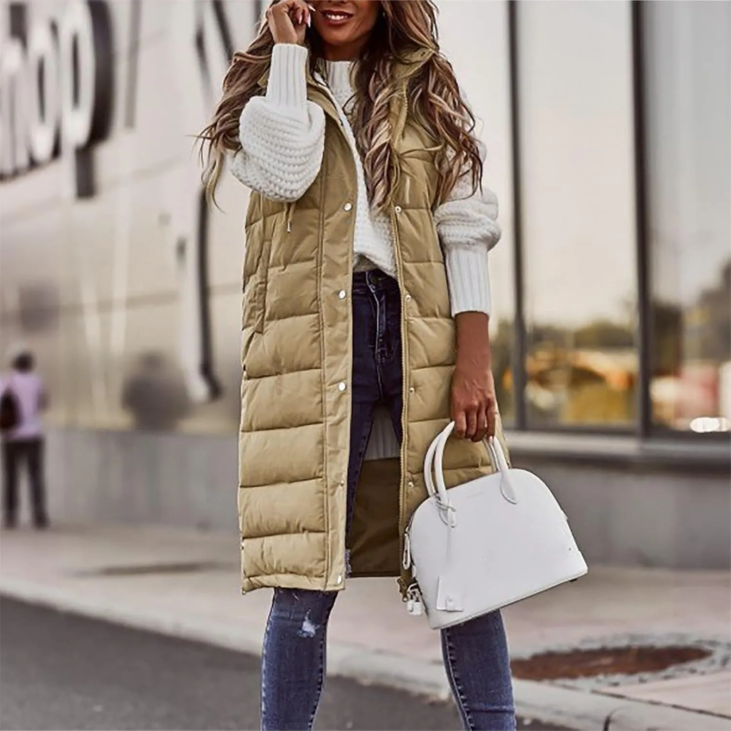 Womens Long Puffer Vest Hooded Sleeveless Down Jacket Fleece Puffy Padded Gilet Winter Full Zip Thick Quilted Coats