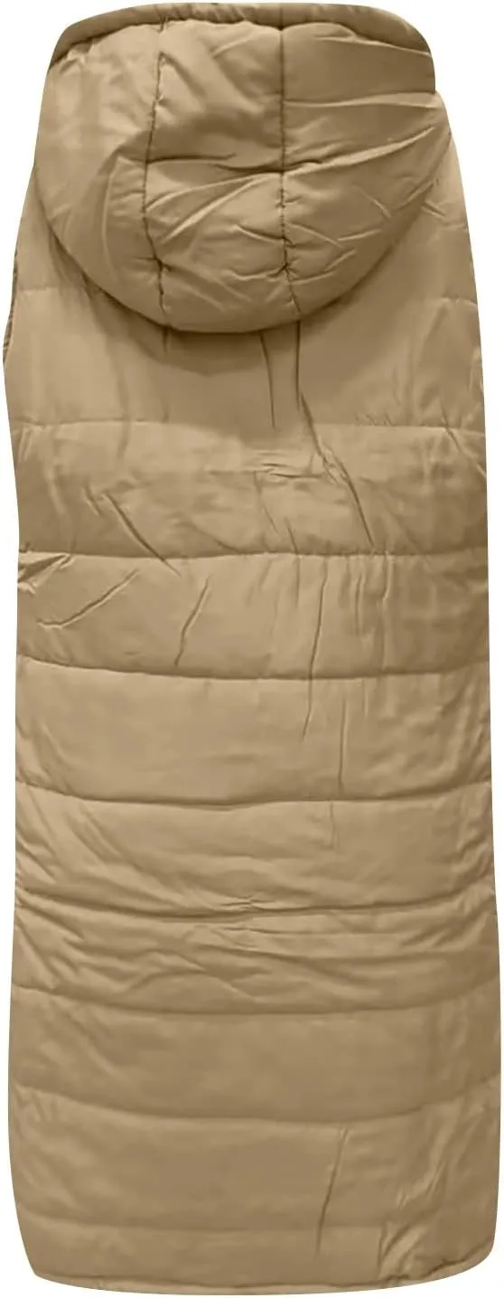 Womens Long Puffer Vest Hooded Sleeveless Down Jacket Fleece Puffy Padded Gilet Winter Full Zip Thick Quilted Coats