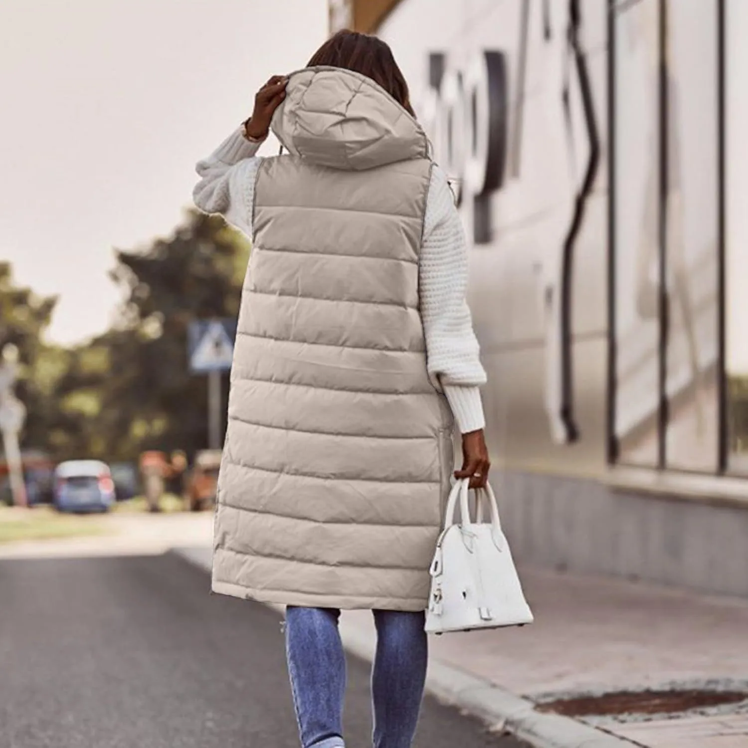 Womens Long Puffer Vest Hooded Sleeveless Down Jacket Fleece Puffy Padded Gilet Winter Full Zip Thick Quilted Coats