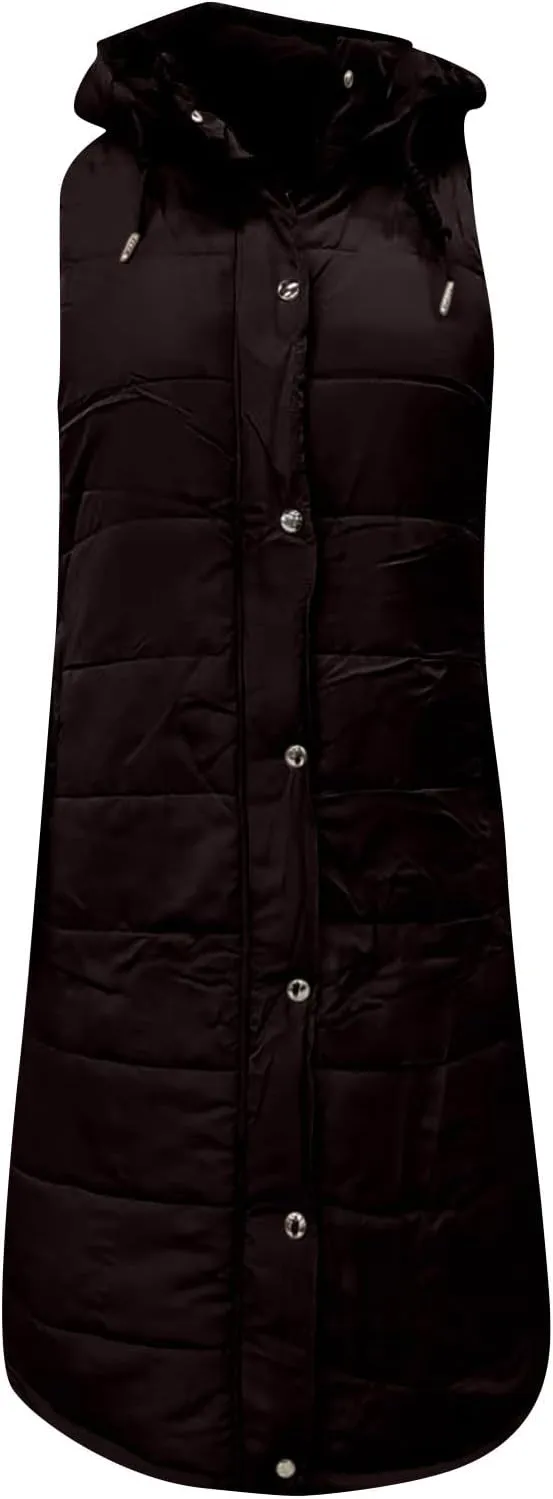 Womens Long Puffer Vest Hooded Sleeveless Down Jacket Fleece Puffy Padded Gilet Winter Full Zip Thick Quilted Coats