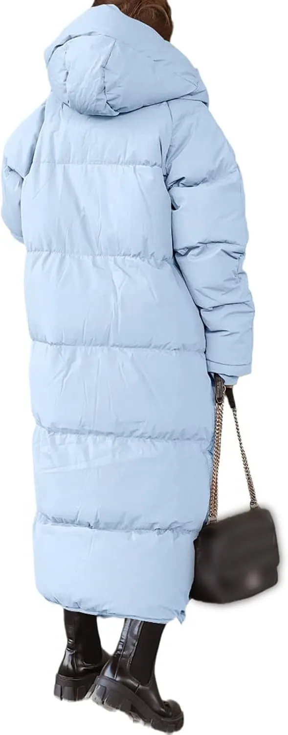 Womens Long Quilted Jacket Maxi Length Coat Hooded Puffer Jackets Oversized Overcoat Warm Jacket Winter Coat Outwear