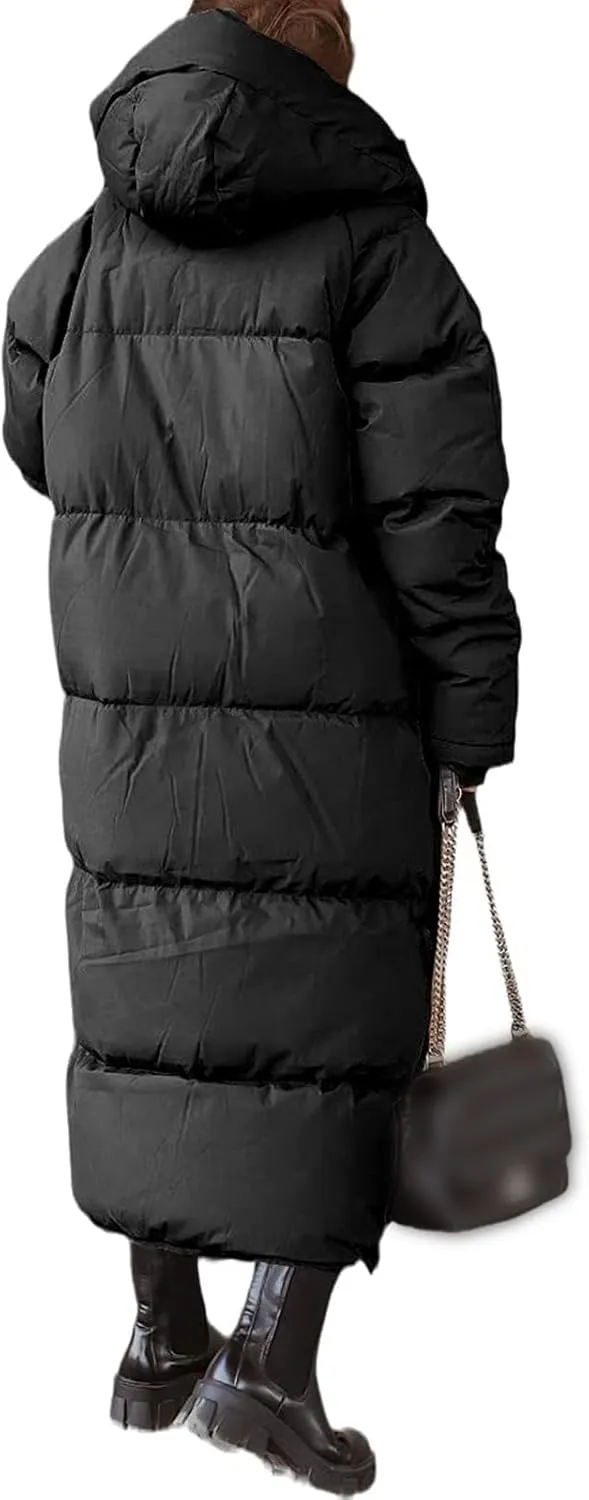 Womens Long Quilted Jacket Maxi Length Coat Hooded Puffer Jackets Oversized Overcoat Warm Jacket Winter Coat Outwear