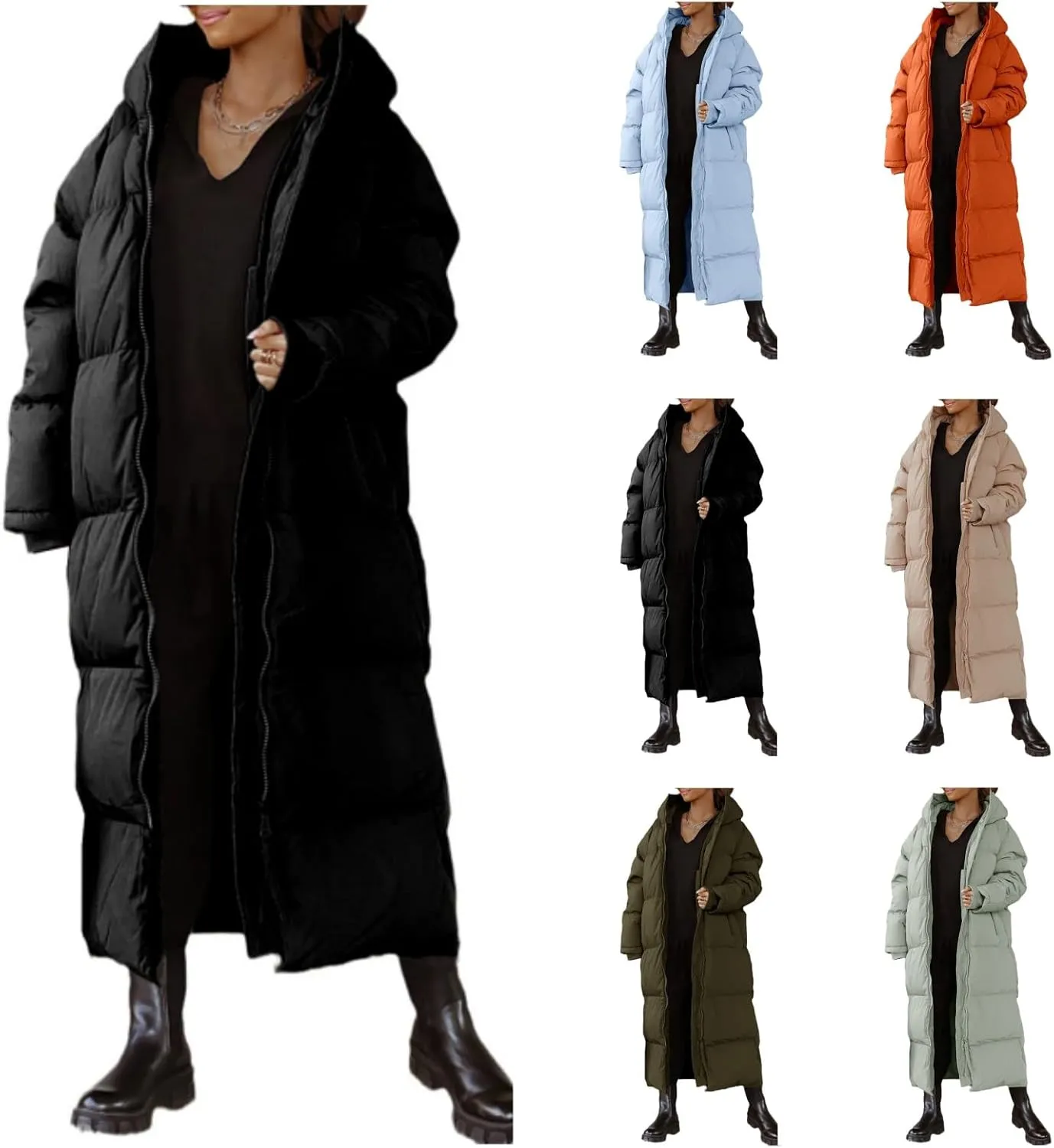 Womens Long Quilted Jacket Maxi Length Coat Hooded Puffer Jackets Oversized Overcoat Warm Jacket Winter Coat Outwear