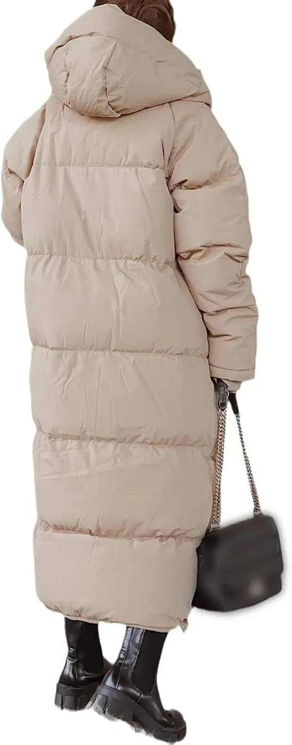 Womens Long Quilted Jacket Maxi Length Coat Hooded Puffer Jackets Oversized Overcoat Warm Jacket Winter Coat Outwear