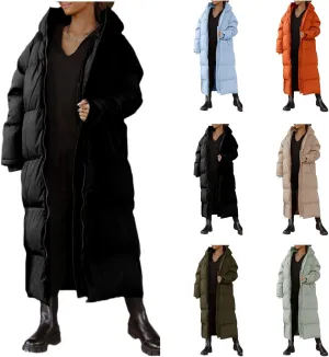 Womens Long Quilted Jacket Maxi Length Coat Hooded Puffer Jackets Oversized Overcoat Warm Jacket Winter Coat Outwear