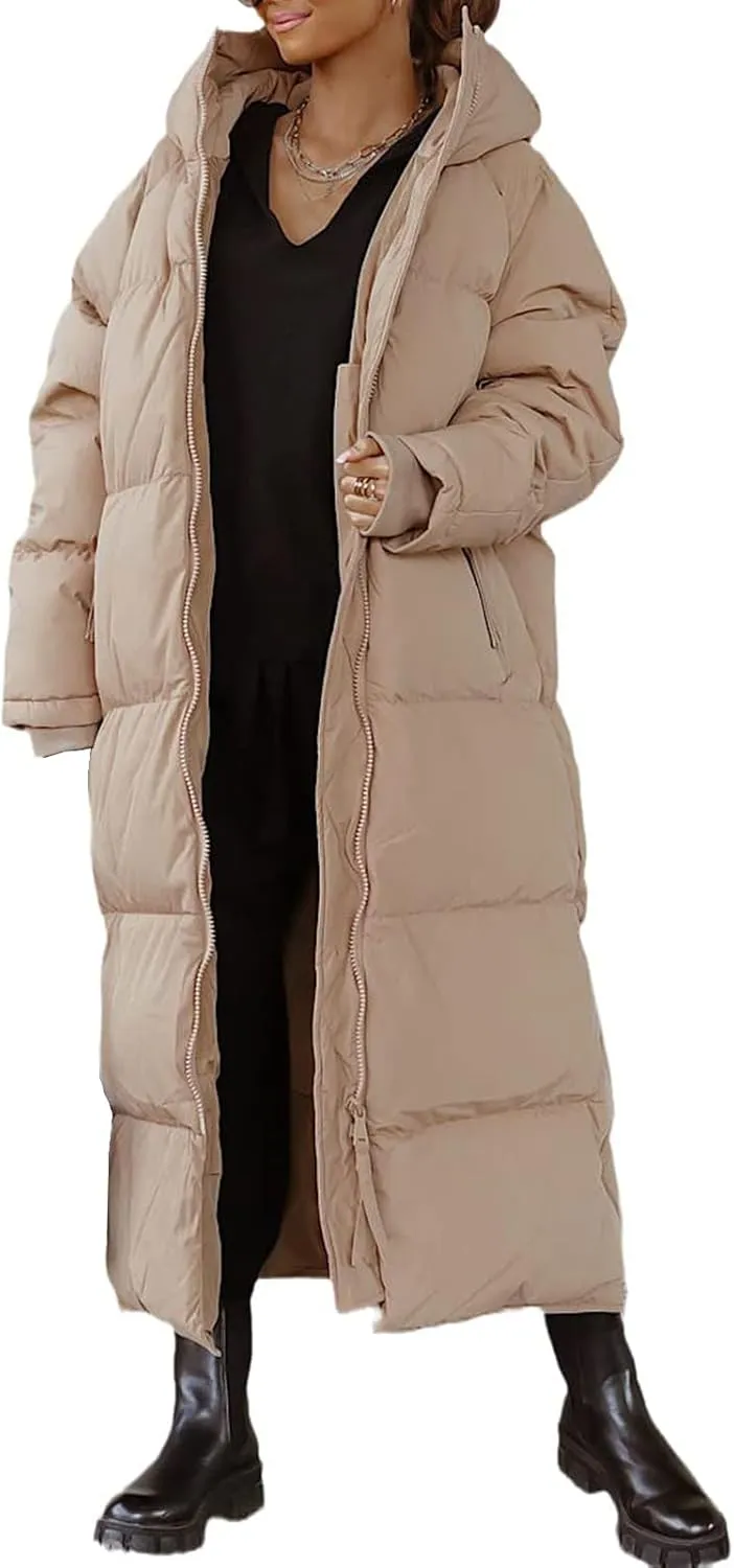 Womens Long Quilted Jacket Maxi Length Coat Hooded Puffer Jackets Oversized Overcoat Warm Jacket Winter Coat Outwear
