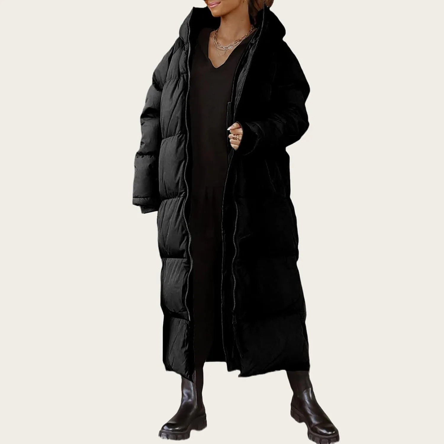 Womens Long Quilted Jacket Maxi Length Coat Hooded Puffer Jackets Oversized Overcoat Warm Jacket Winter Coat Outwear