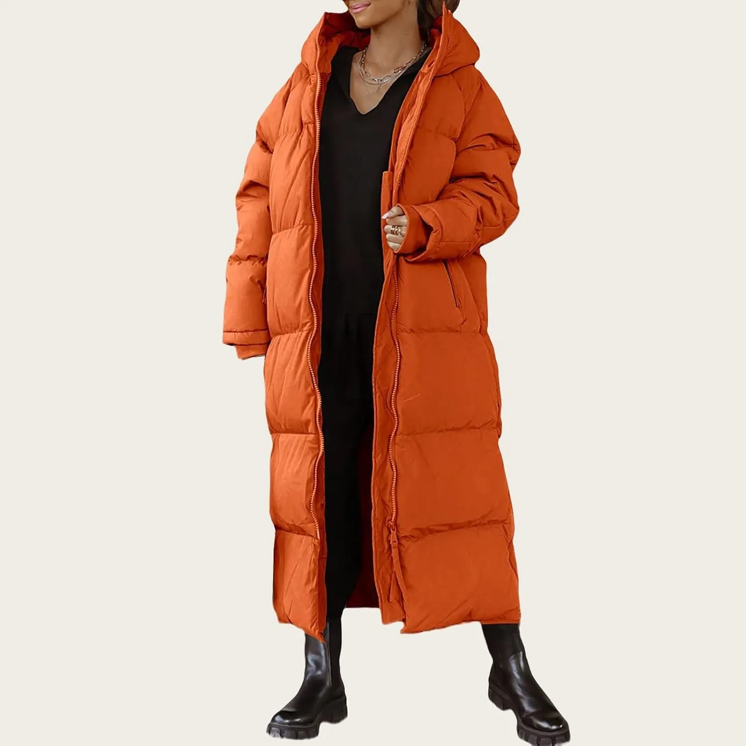 Womens Long Quilted Jacket Maxi Length Coat Hooded Puffer Jackets Oversized Overcoat Warm Jacket Winter Coat Outwear