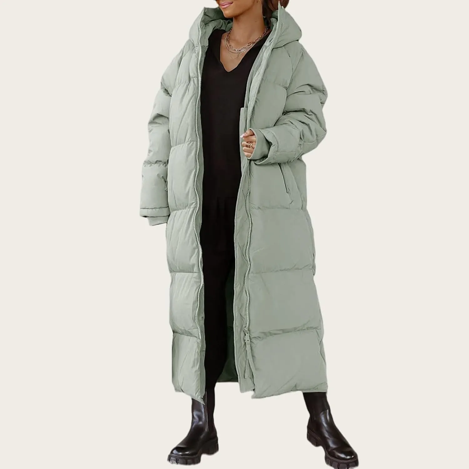 Womens Long Quilted Jacket Maxi Length Coat Hooded Puffer Jackets Oversized Overcoat Warm Jacket Winter Coat Outwear