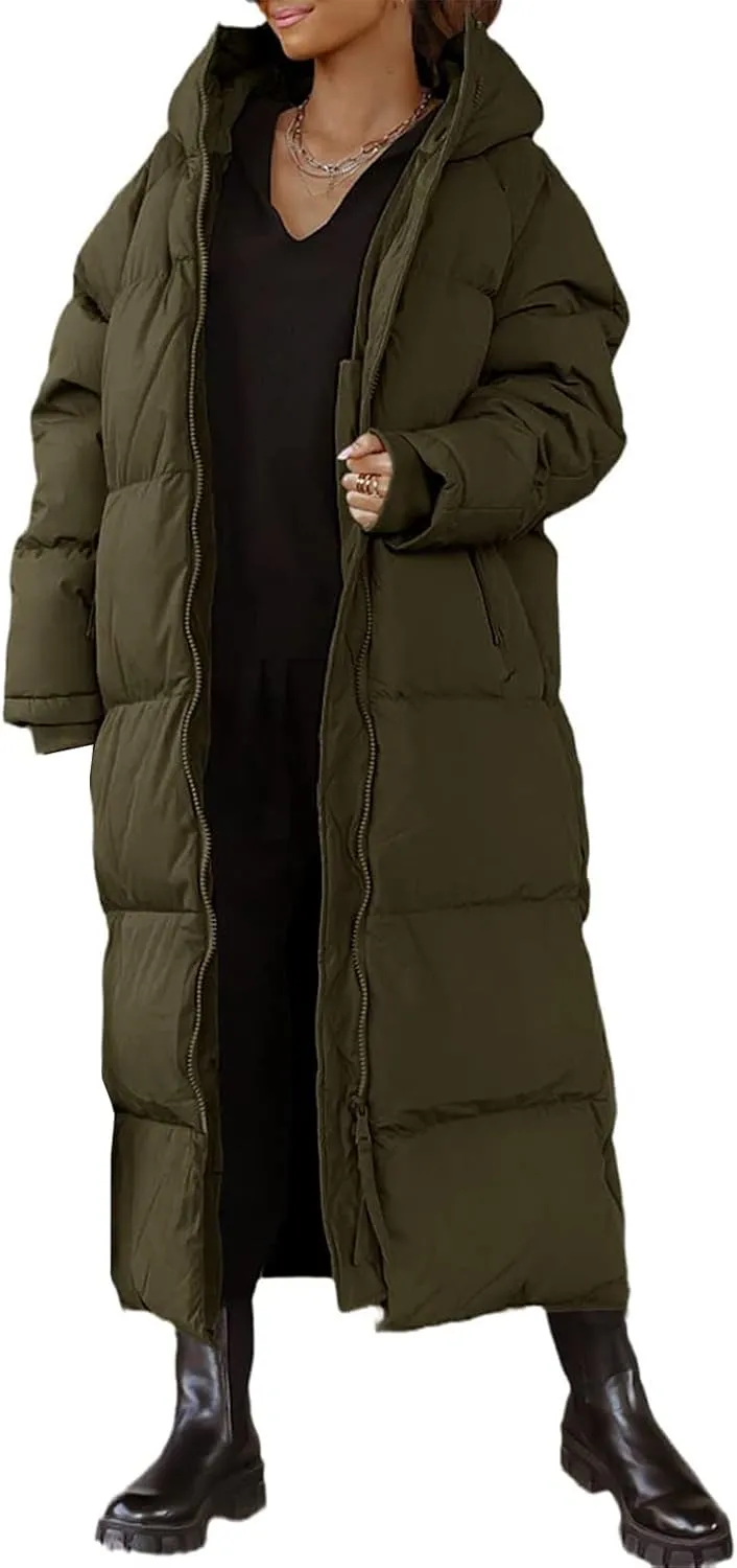 Womens Long Quilted Jacket Maxi Length Coat Hooded Puffer Jackets Oversized Overcoat Warm Jacket Winter Coat Outwear