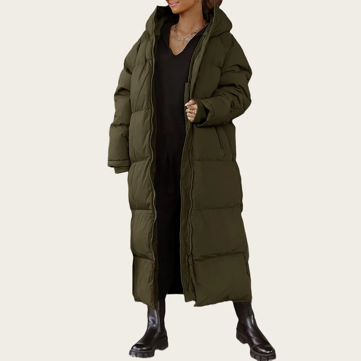 Womens Long Quilted Jacket Maxi Length Coat Hooded Puffer Jackets Oversized Overcoat Warm Jacket Winter Coat Outwear