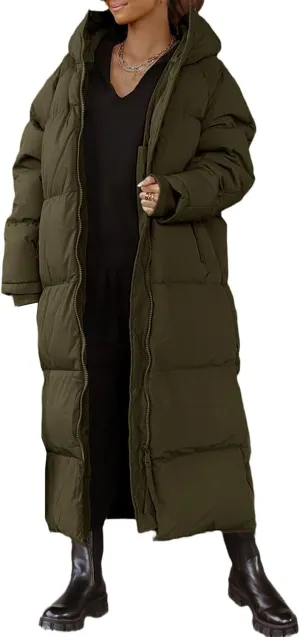 Womens Long Quilted Jacket Maxi Length Coat Hooded Puffer Jackets Oversized Overcoat Warm Jacket Winter Coat Outwear