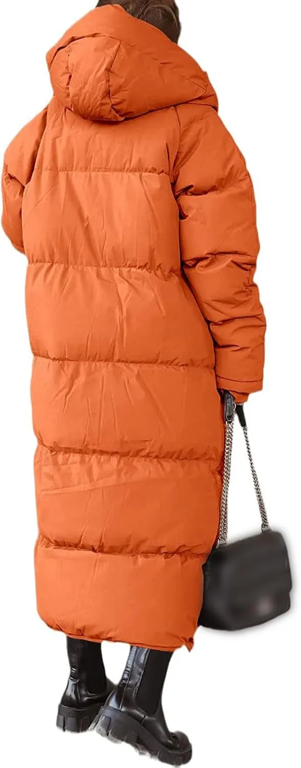 Womens Long Quilted Jacket Maxi Length Coat Hooded Puffer Jackets Oversized Overcoat Warm Jacket Winter Coat Outwear