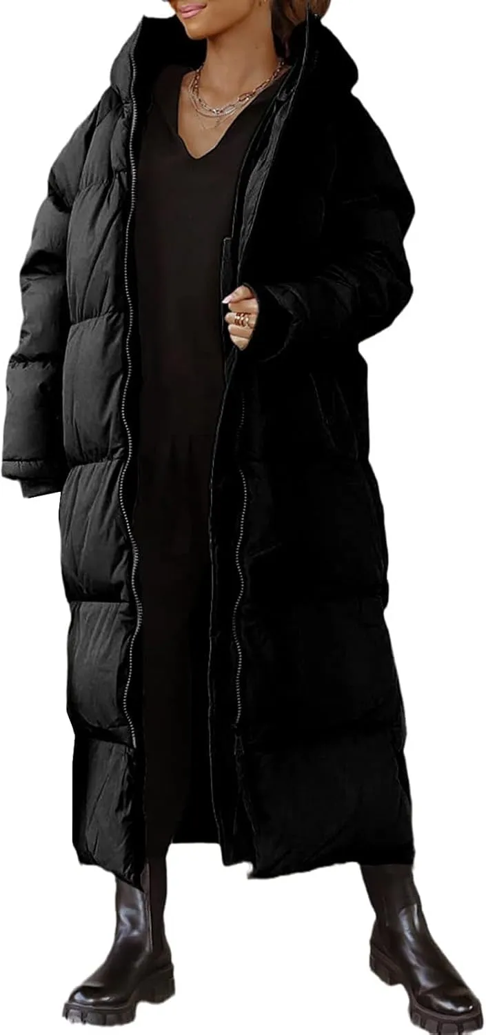 Womens Long Quilted Jacket Maxi Length Coat Hooded Puffer Jackets Oversized Overcoat Warm Jacket Winter Coat Outwear