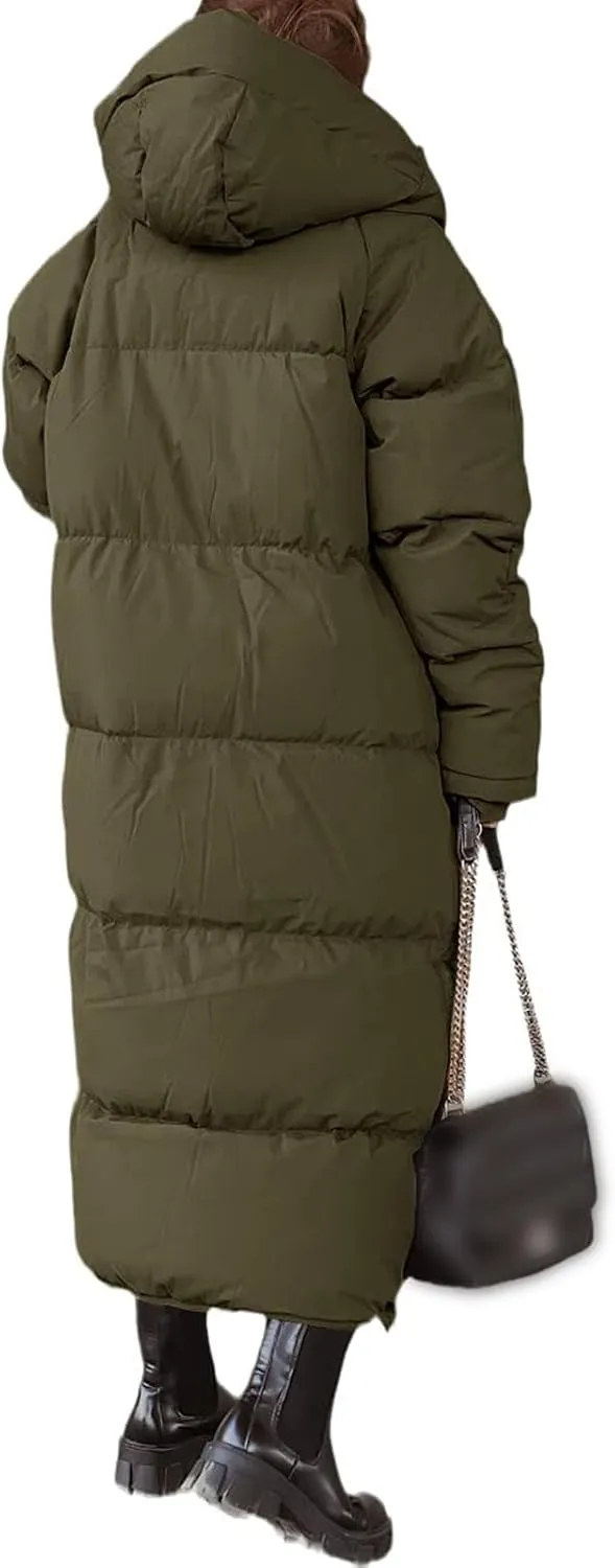 Womens Long Quilted Jacket Maxi Length Coat Hooded Puffer Jackets Oversized Overcoat Warm Jacket Winter Coat Outwear
