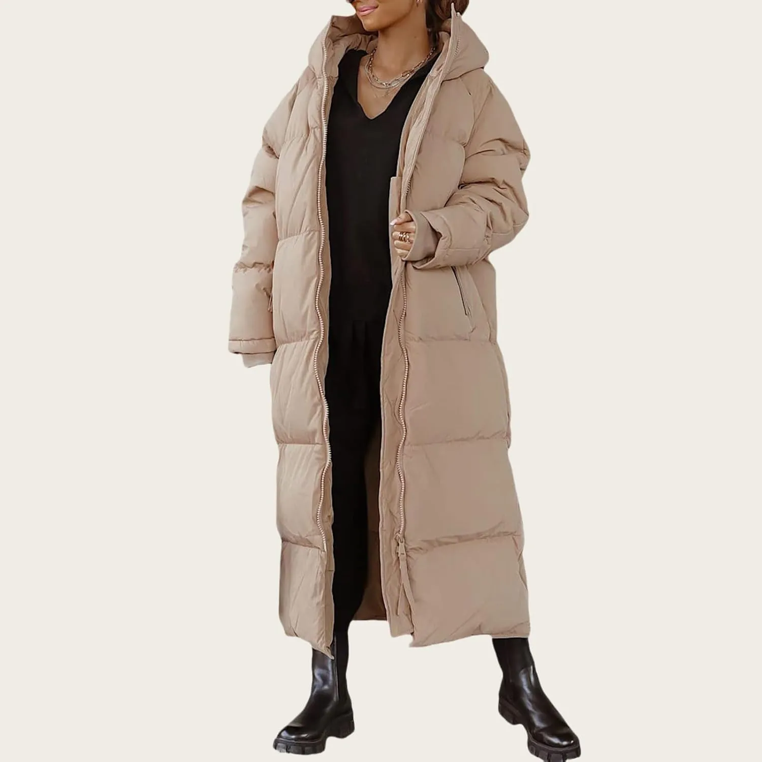 Womens Long Quilted Jacket Maxi Length Coat Hooded Puffer Jackets Oversized Overcoat Warm Jacket Winter Coat Outwear