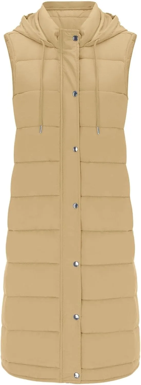 Women's Long Vest Sleeveless Lightweight Puffer Jacket Down Coat Quilted Vest Hood Warm Winter with Pocket Plus Size