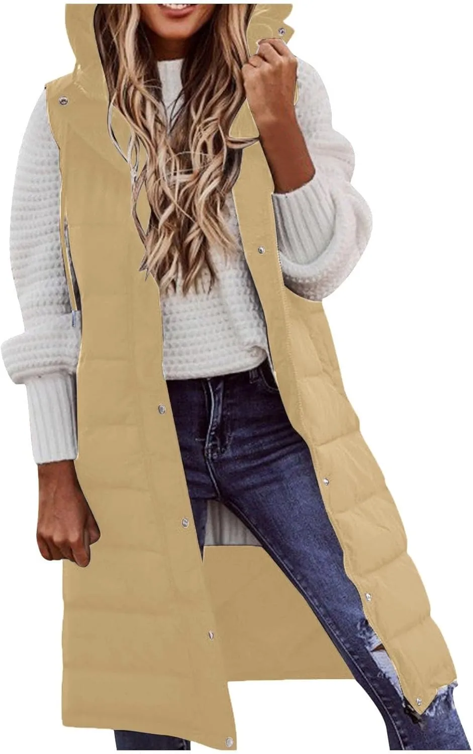 Women's Long Vest Sleeveless Lightweight Puffer Jacket Down Coat Quilted Vest Hood Warm Winter with Pocket Plus Size